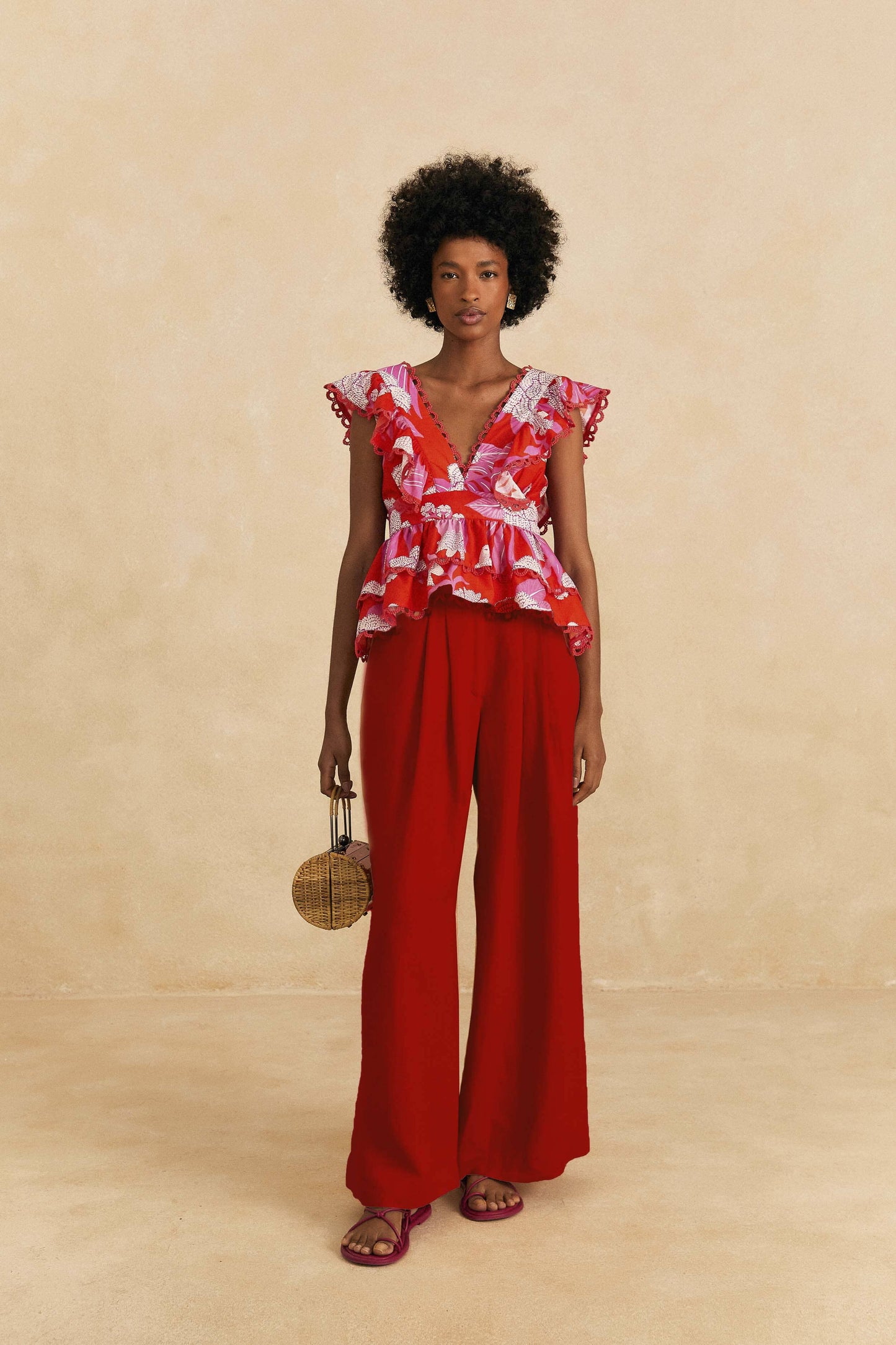 Farm Rio Red Dewdrop Floral Sleeveless Blouse