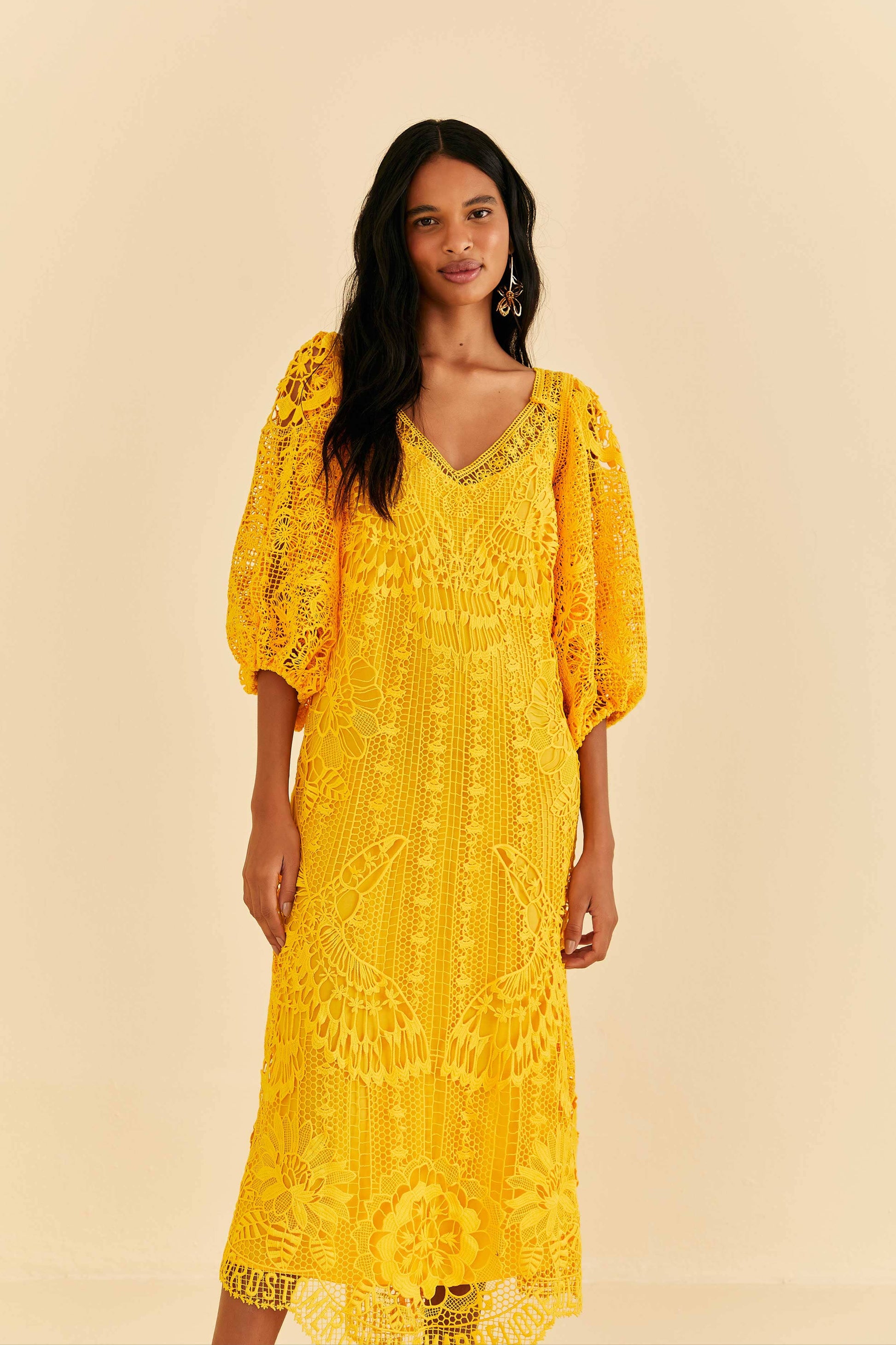 Farm Rio Yellow Guipure Midi Dress