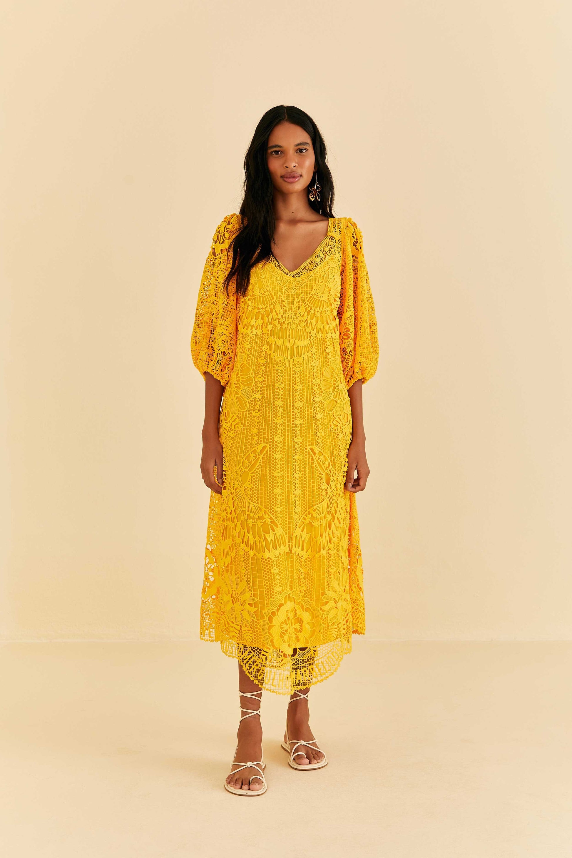 Farm Rio Yellow Guipure Midi Dress