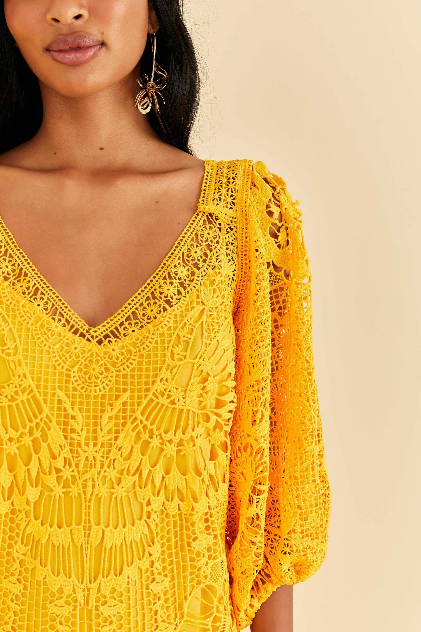 Farm Rio Yellow Guipure Midi Dress