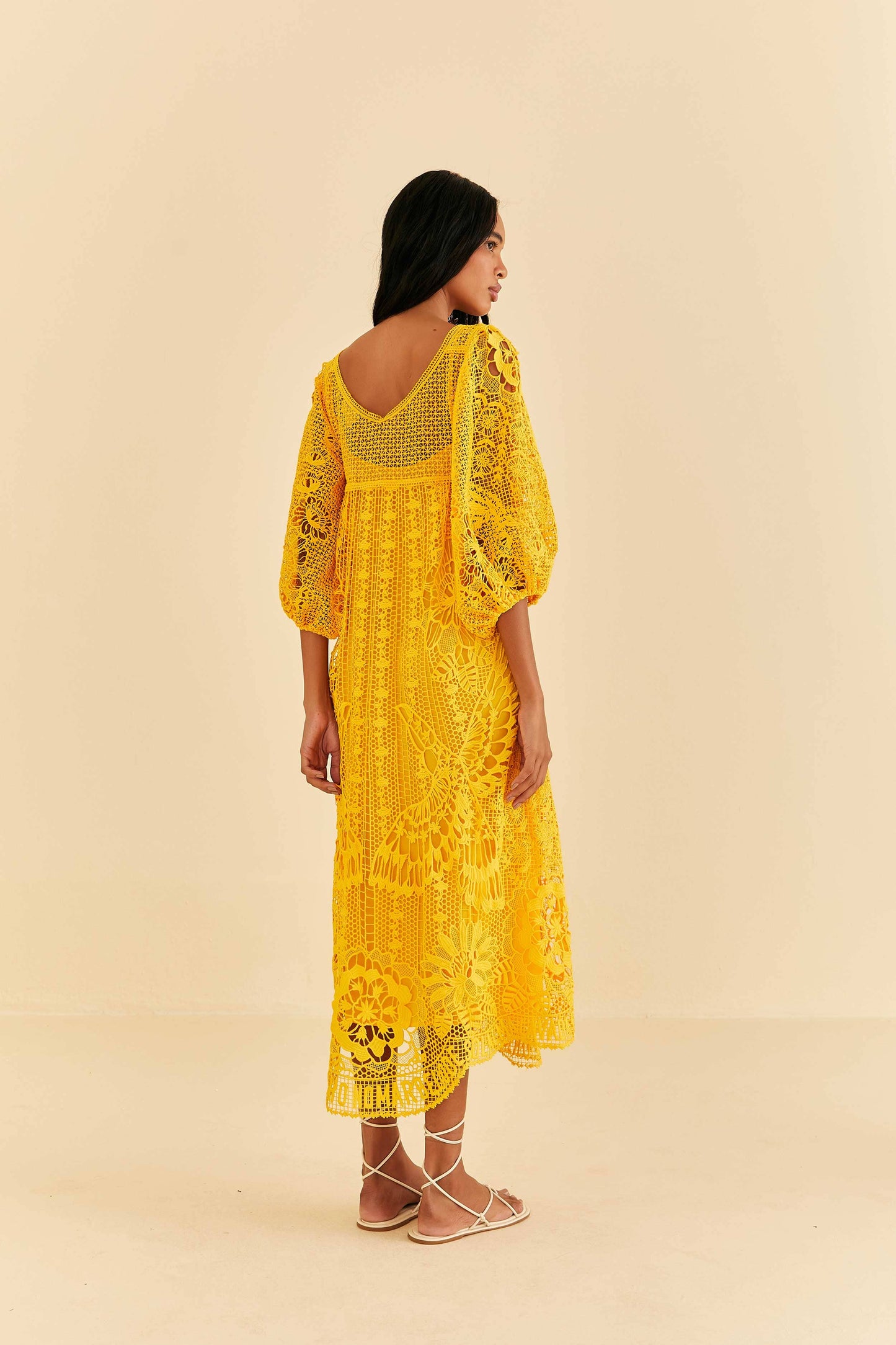 Farm Rio Yellow Guipure Midi Dress