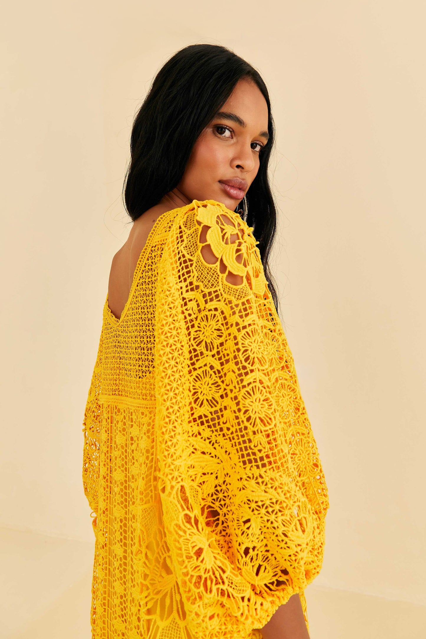 Farm Rio Yellow Guipure Midi Dress