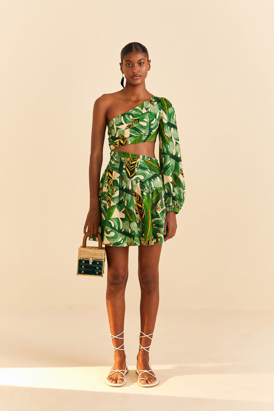 Farm Rio Tropical Leaves One Shoulder Mini Dress