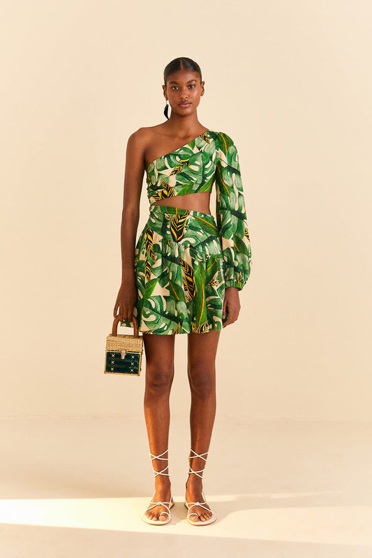 Farm Rio Tropical Leaves One Shoulder Mini Dress