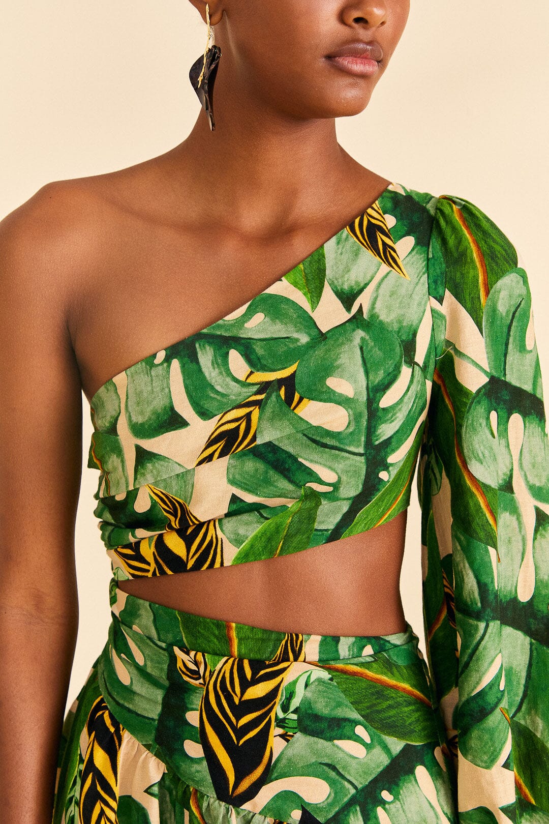 Farm Rio Tropical Leaves One Shoulder Mini Dress