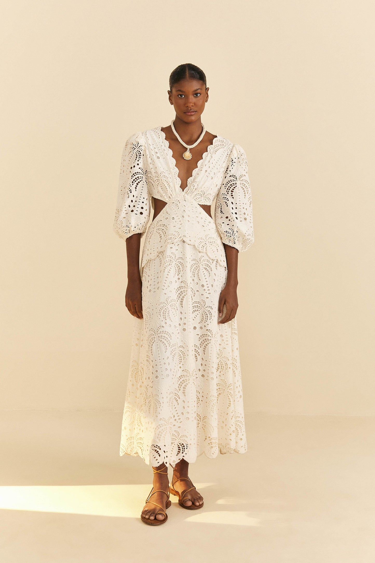 Farm Rio Off-White Richelieu Midi Dress