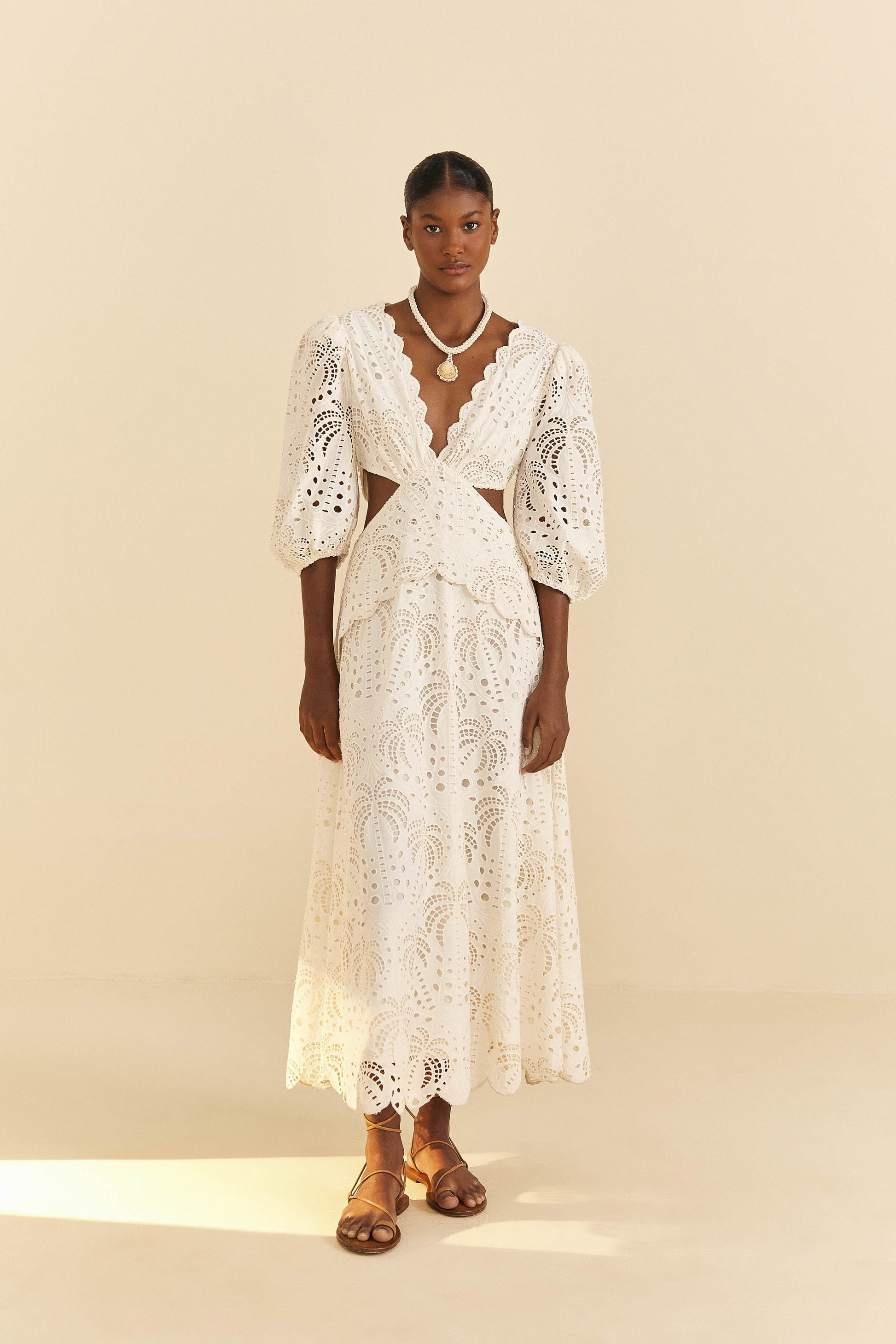 Farm Rio Off-White Richelieu Midi Dress