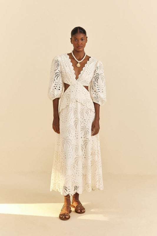 Farm Rio Off-White Richelieu Midi Dress