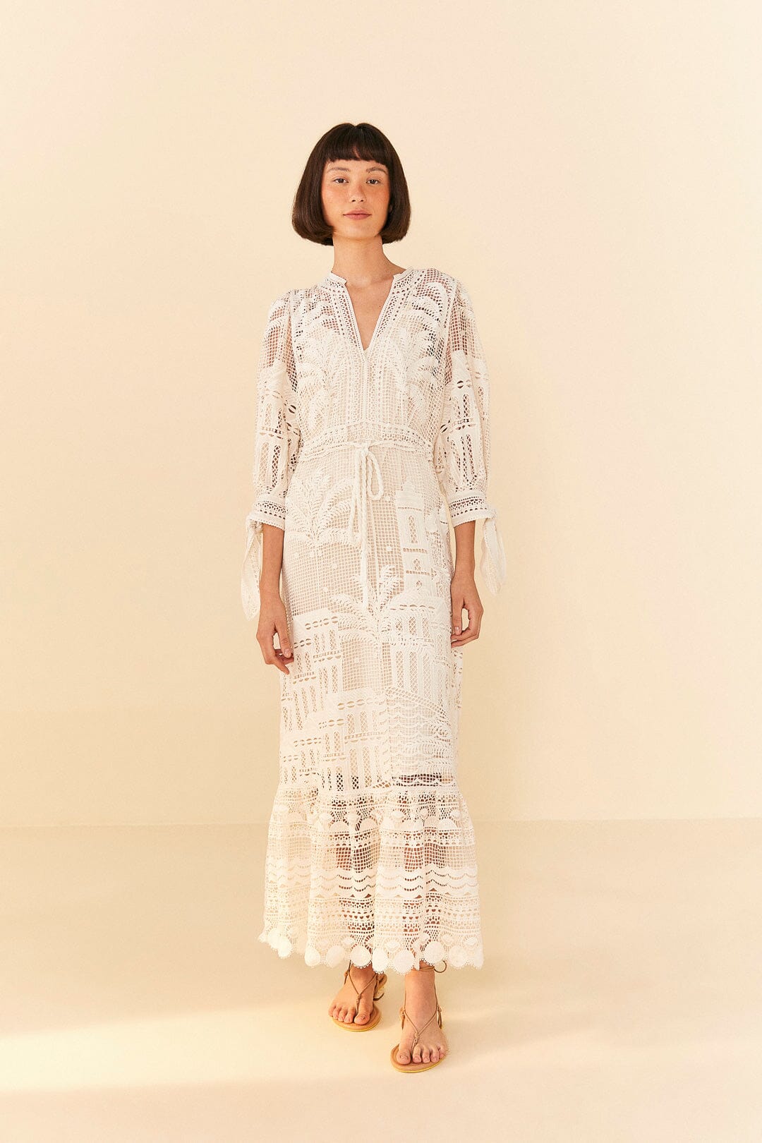 Farm Rio Off-White Morada Boa Guipure Dress