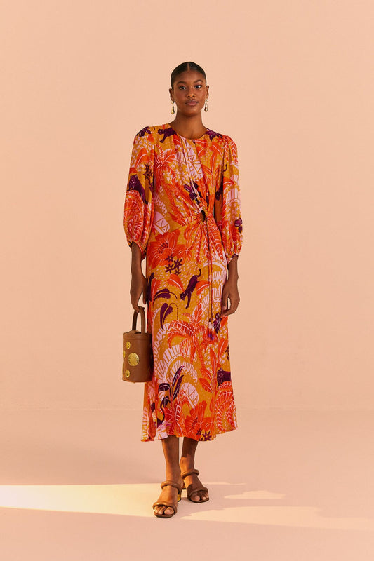 Farm Rio Beige Jungle Panther Lenzing™ Ecovero™ Viscose Midi Dress