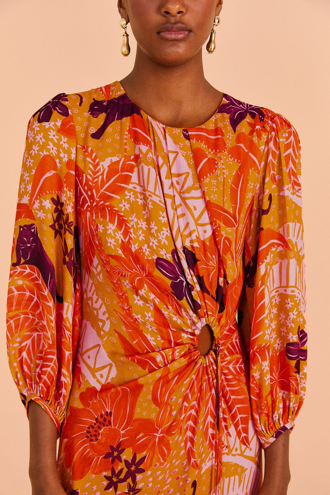 Farm Rio Beige Jungle Panther Lenzing™ Ecovero™ Viscose Midi Dress