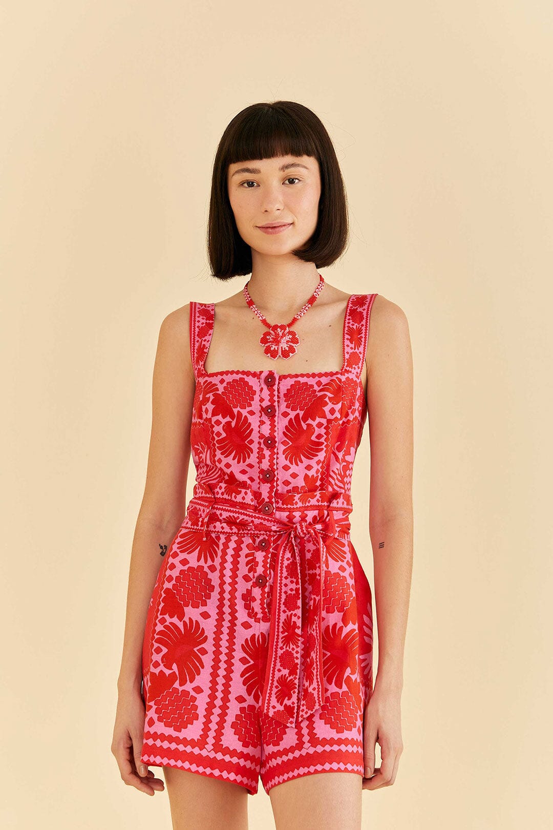 Farm Rio Red Jungle Scarf Romper