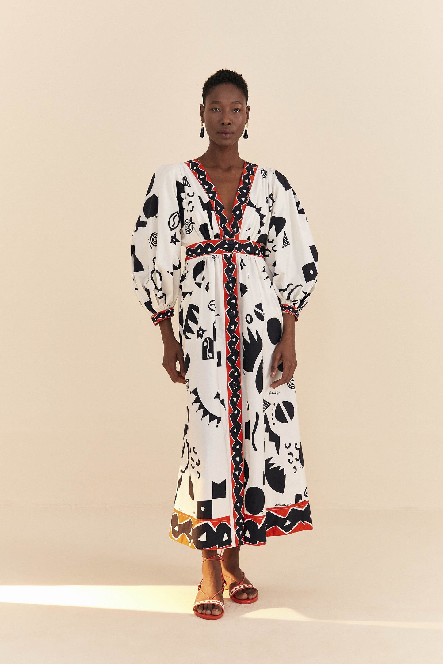 Farm Rio Off-White Pitta Soul Puff Sleeve Midi Dress