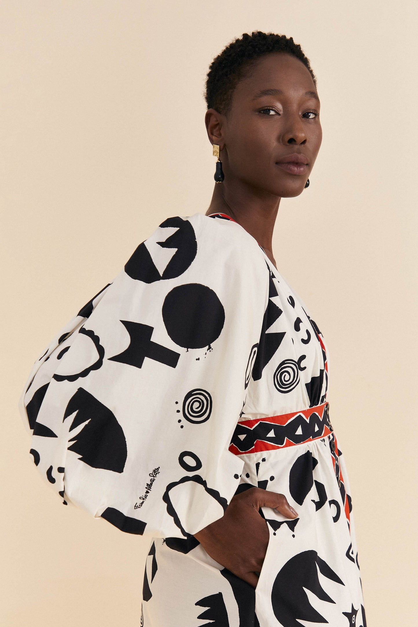Farm Rio Off-White Pitta Soul Puff Sleeve Midi Dress