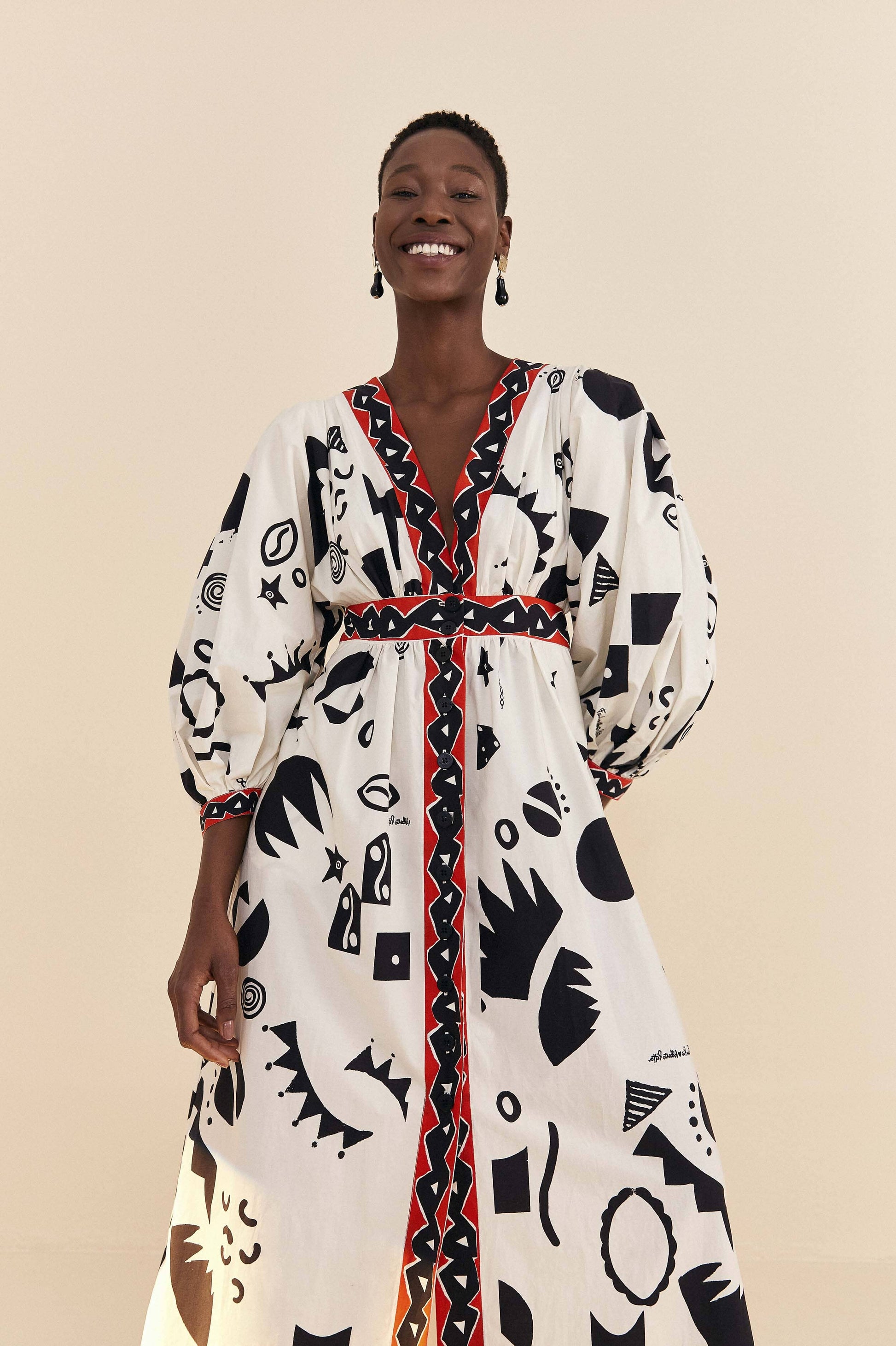Farm Rio Off-White Pitta Soul Puff Sleeve Midi Dress
