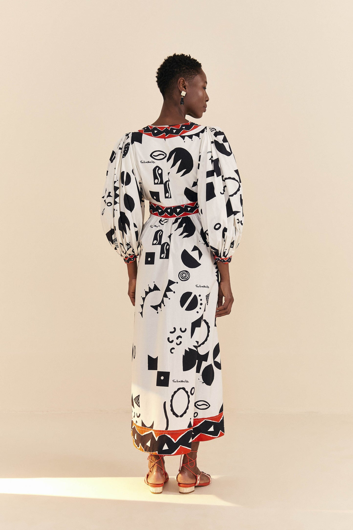 Farm Rio Off-White Pitta Soul Puff Sleeve Midi Dress