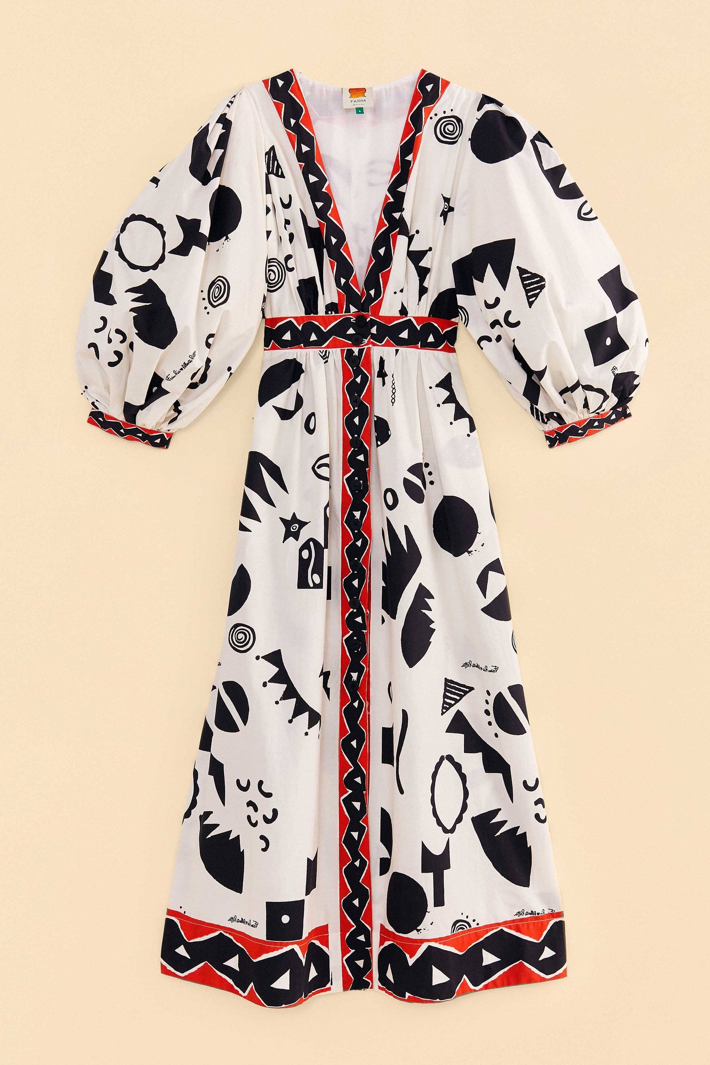 Farm Rio Off-White Pitta Soul Puff Sleeve Midi Dress