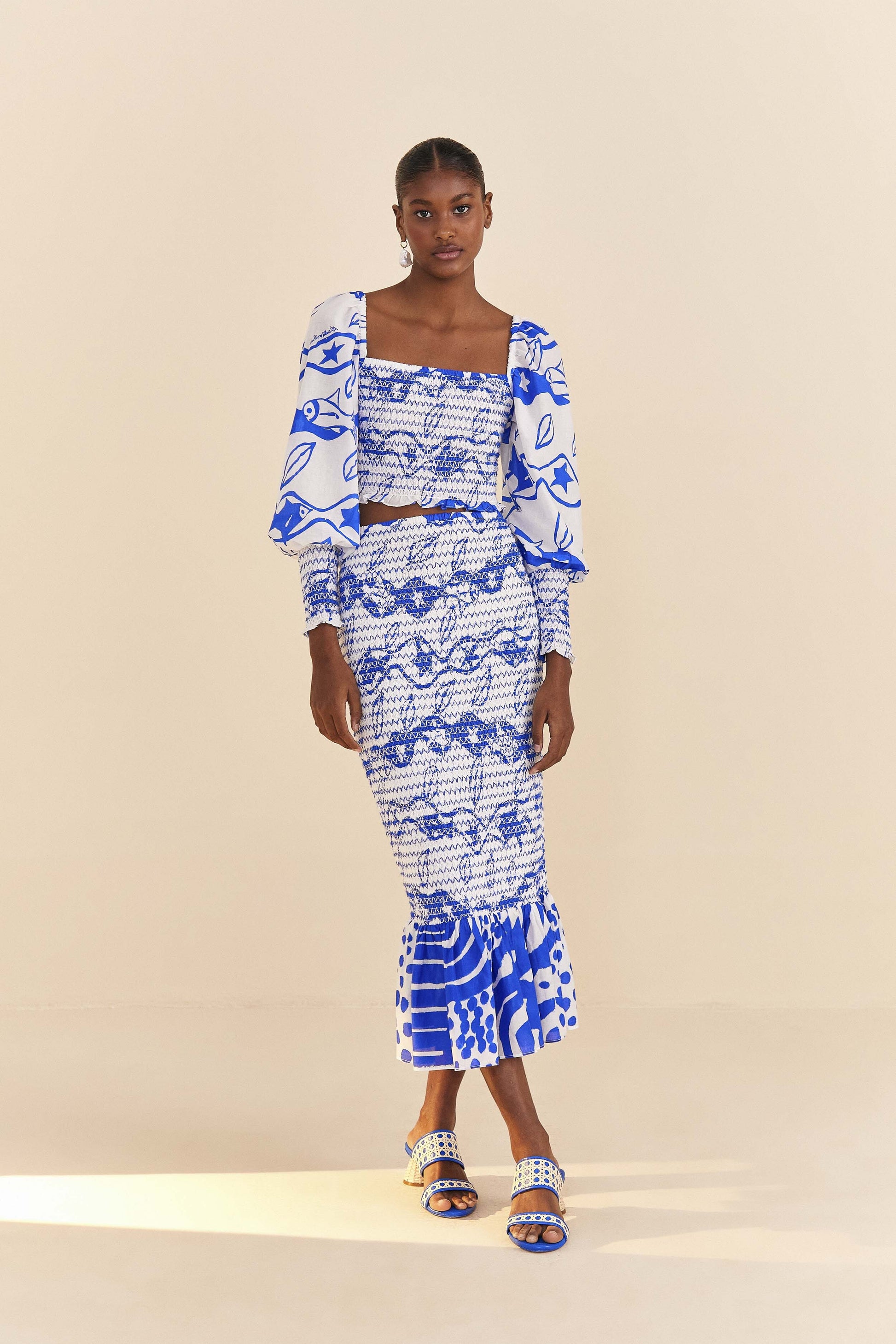 Farm Rio Off-White Pitta Waves Smocked Blouse
