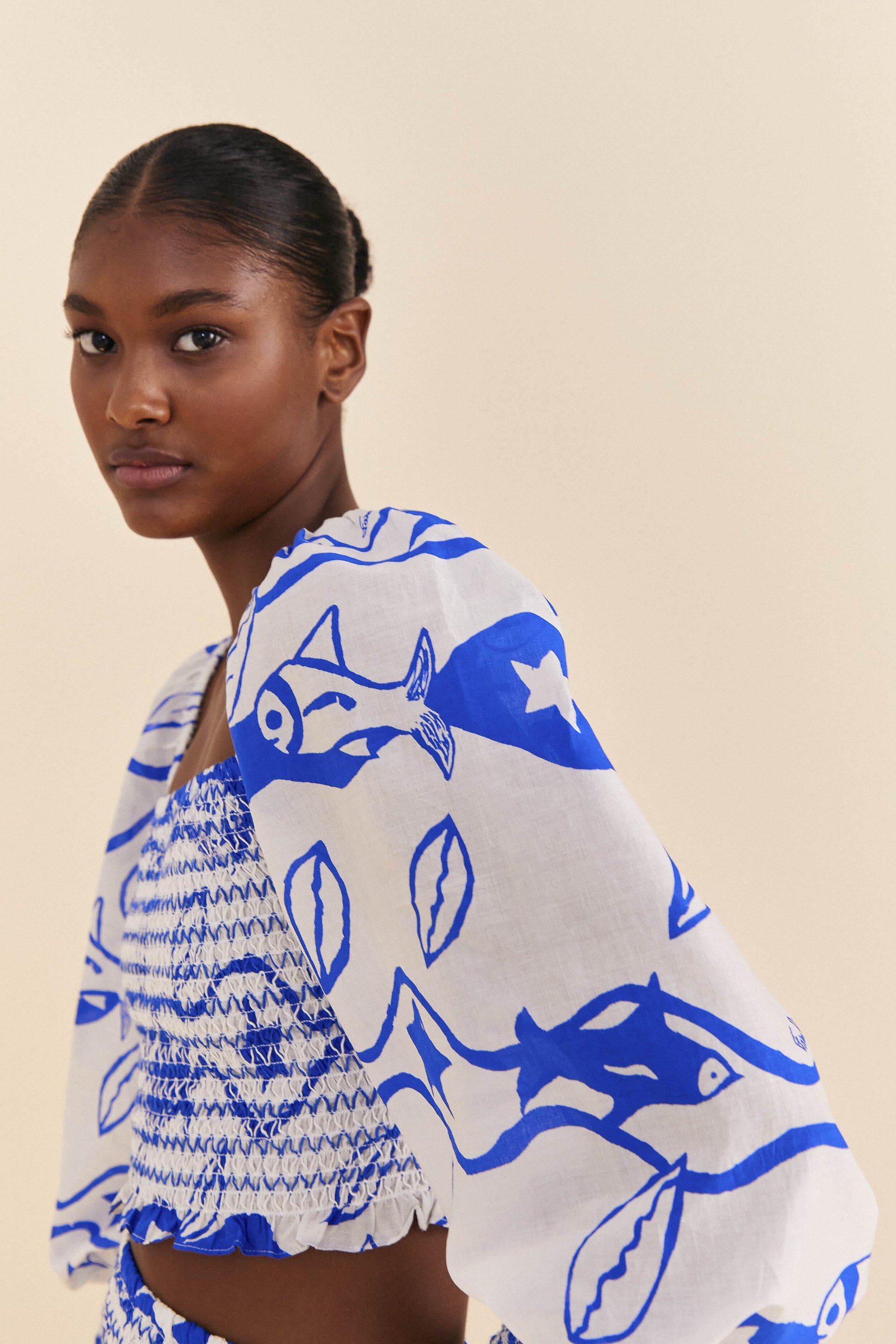 Farm Rio Off-White Pitta Waves Smocked Blouse