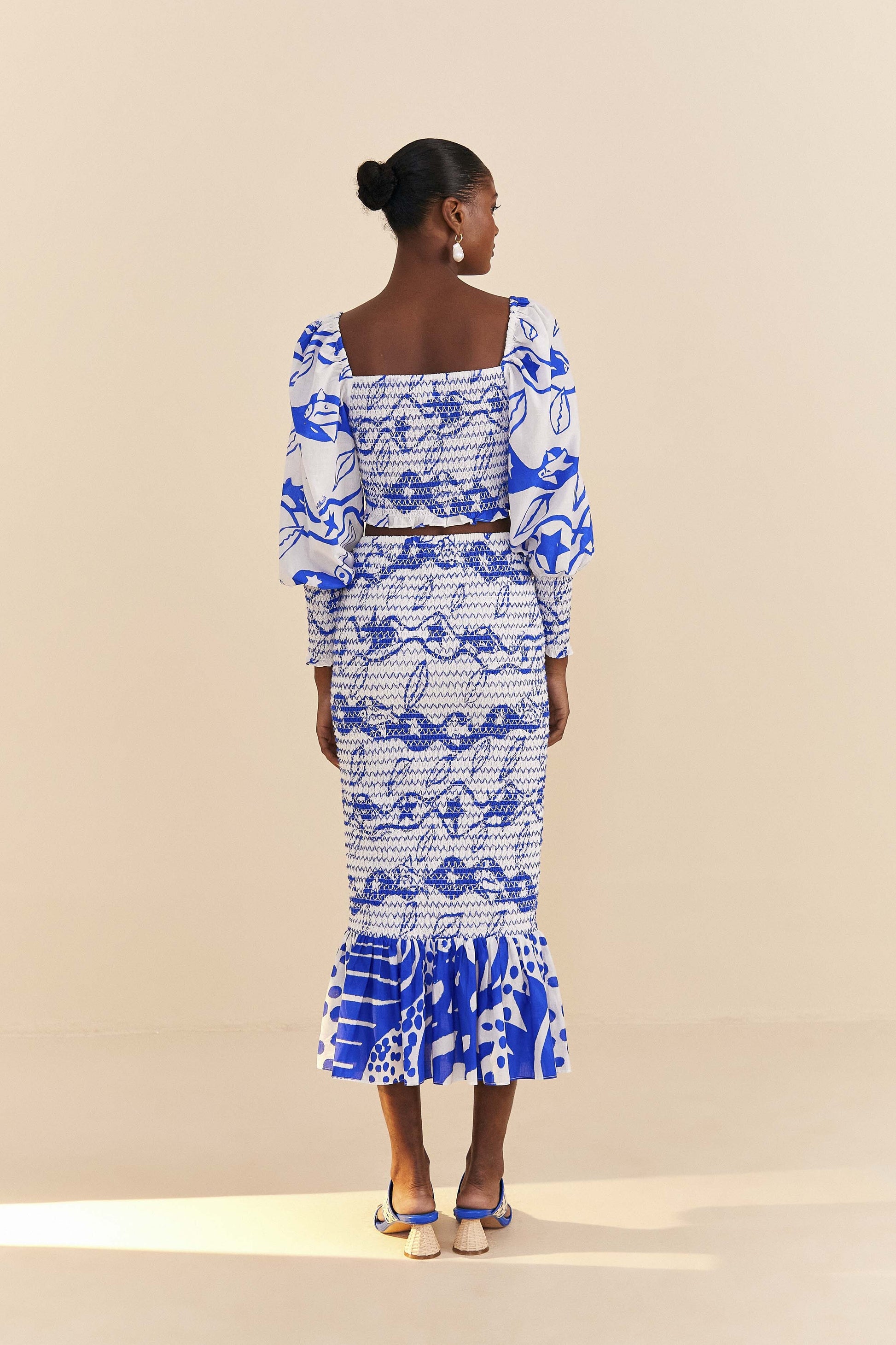 Farm Rio Off-White Pitta Waves Smocked Blouse
