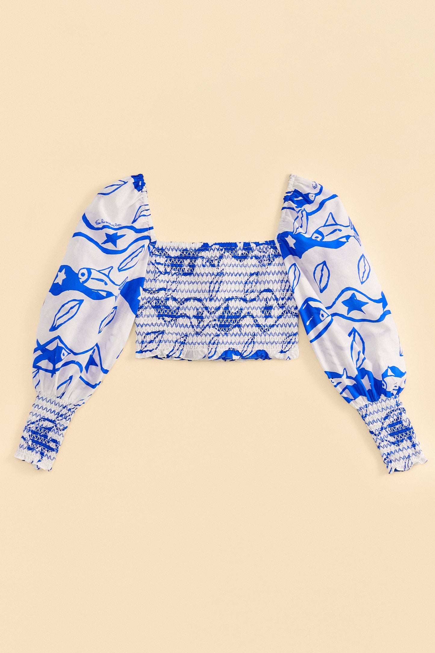 Farm Rio Off-White Pitta Waves Smocked Blouse