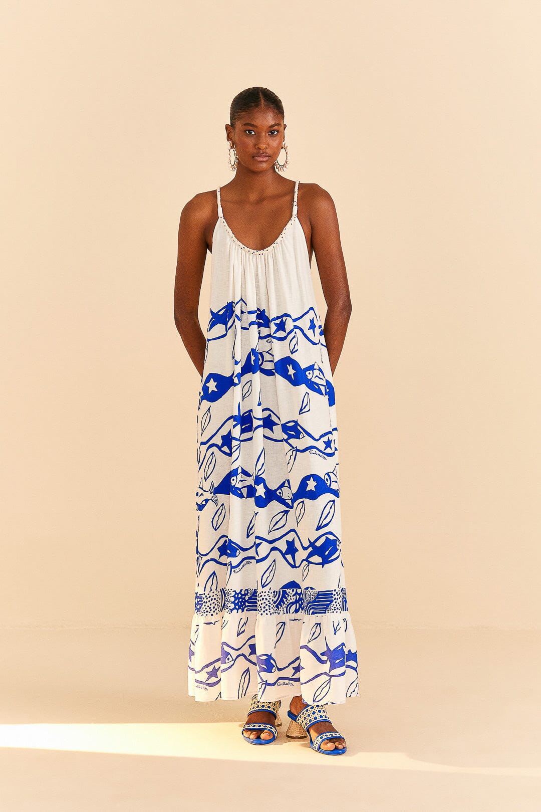 Farm Rio Off-White Pitta Waves Sleeveless Maxi Dress