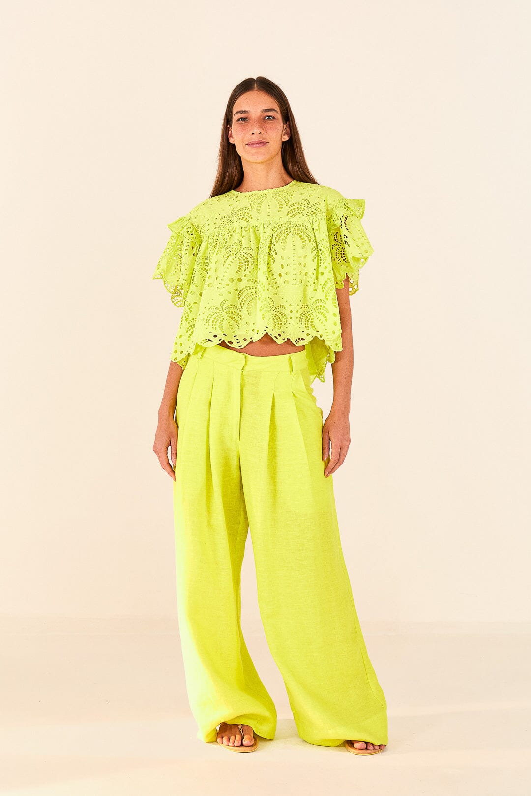 Farm Rio Lime Green Palm Tree Richelieu Blouse
