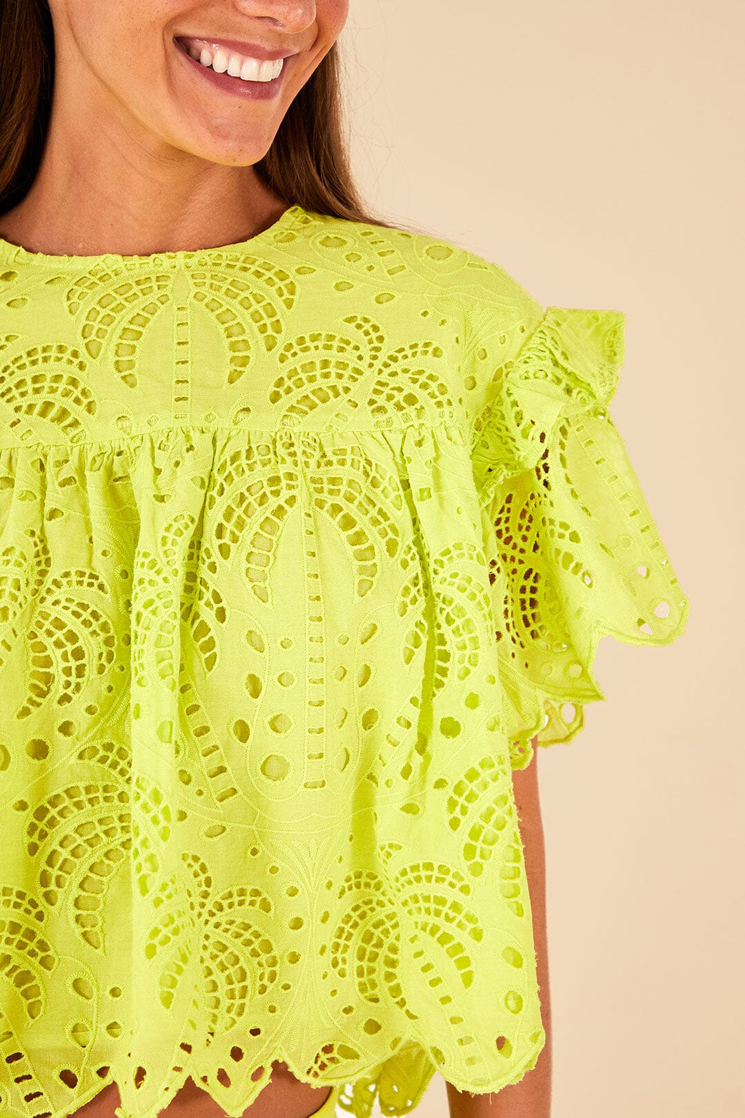 Farm Rio Lime Green Palm Tree Richelieu Blouse