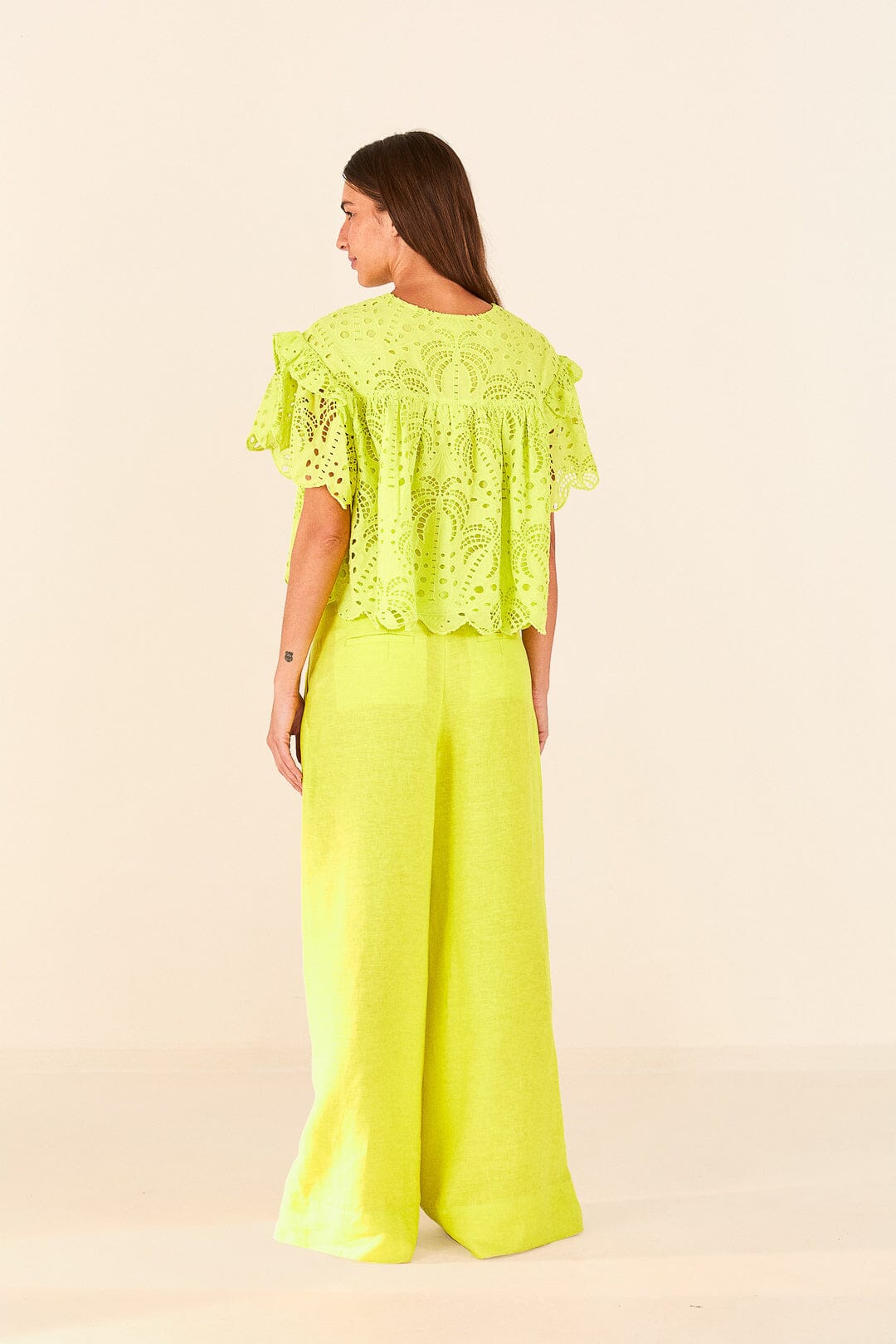 Farm Rio Lime Green Palm Tree Richelieu Blouse