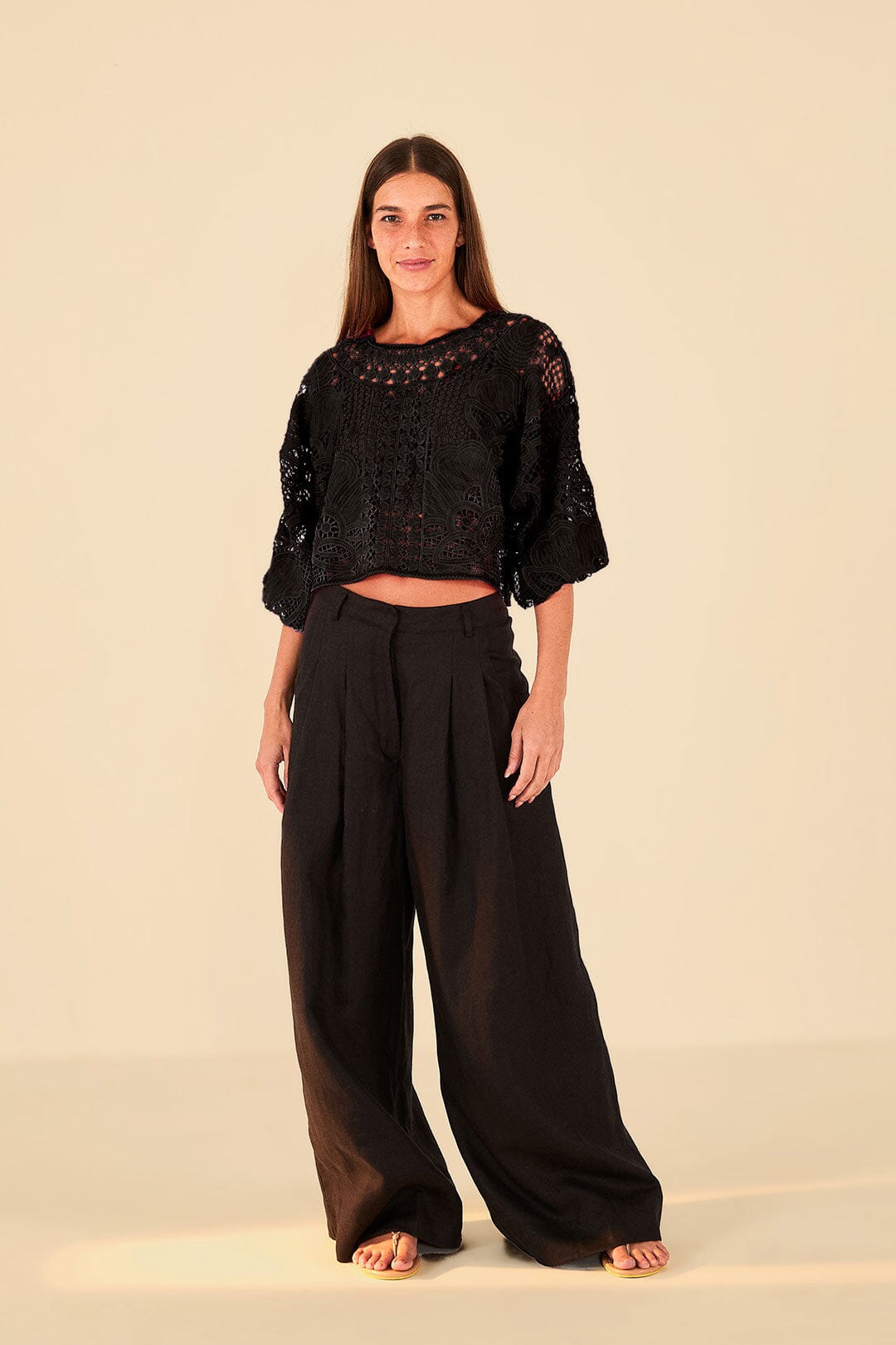 Farm Rio Black Alucina Luz Guipire Crop Top