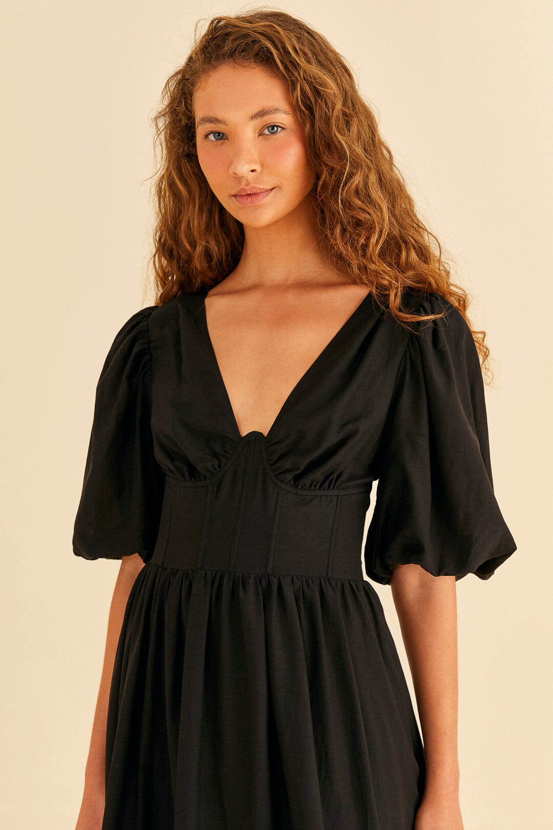 Farm Rio Black Short Sleeves Midi Dress