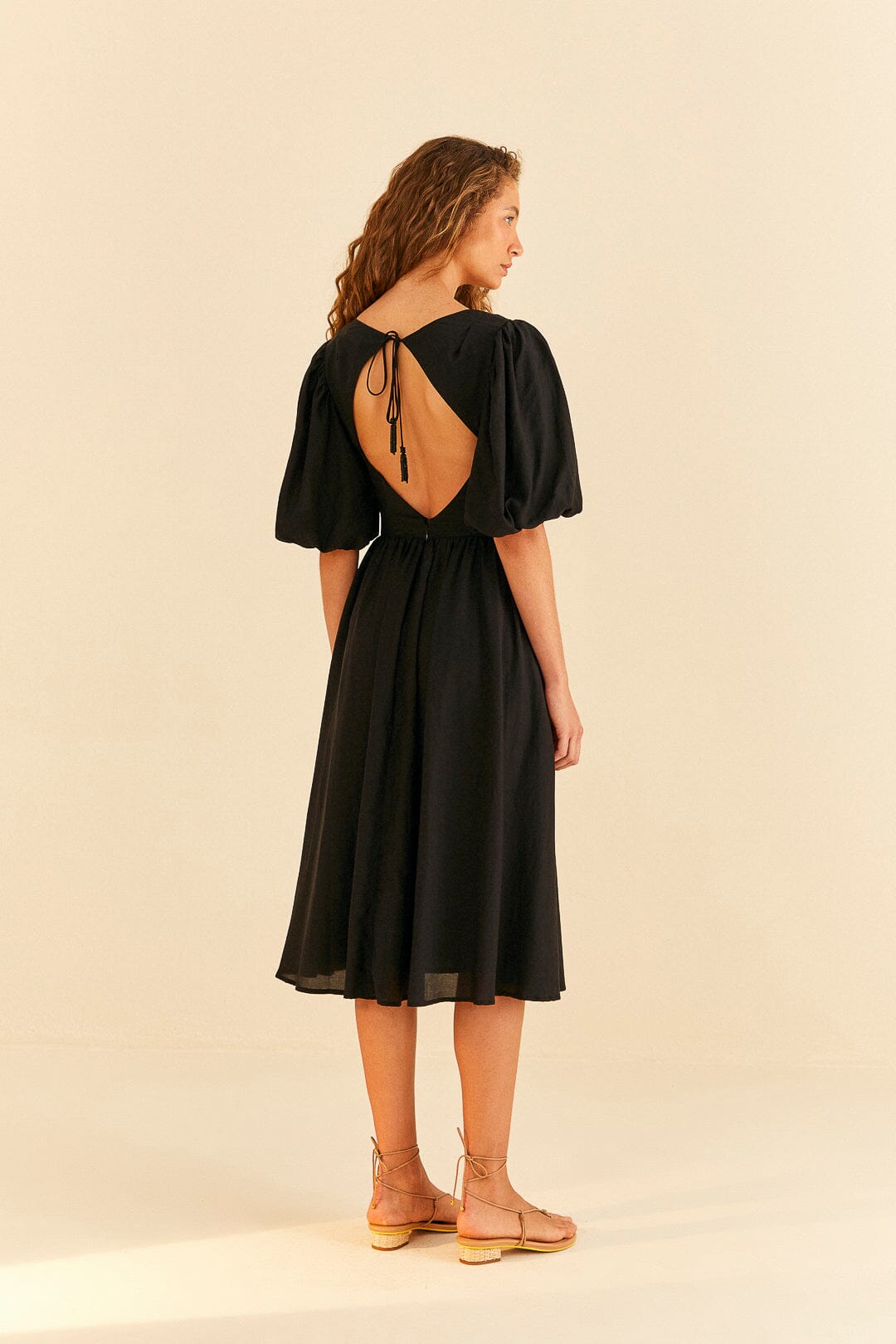 Farm Rio Black Short Sleeves Midi Dress