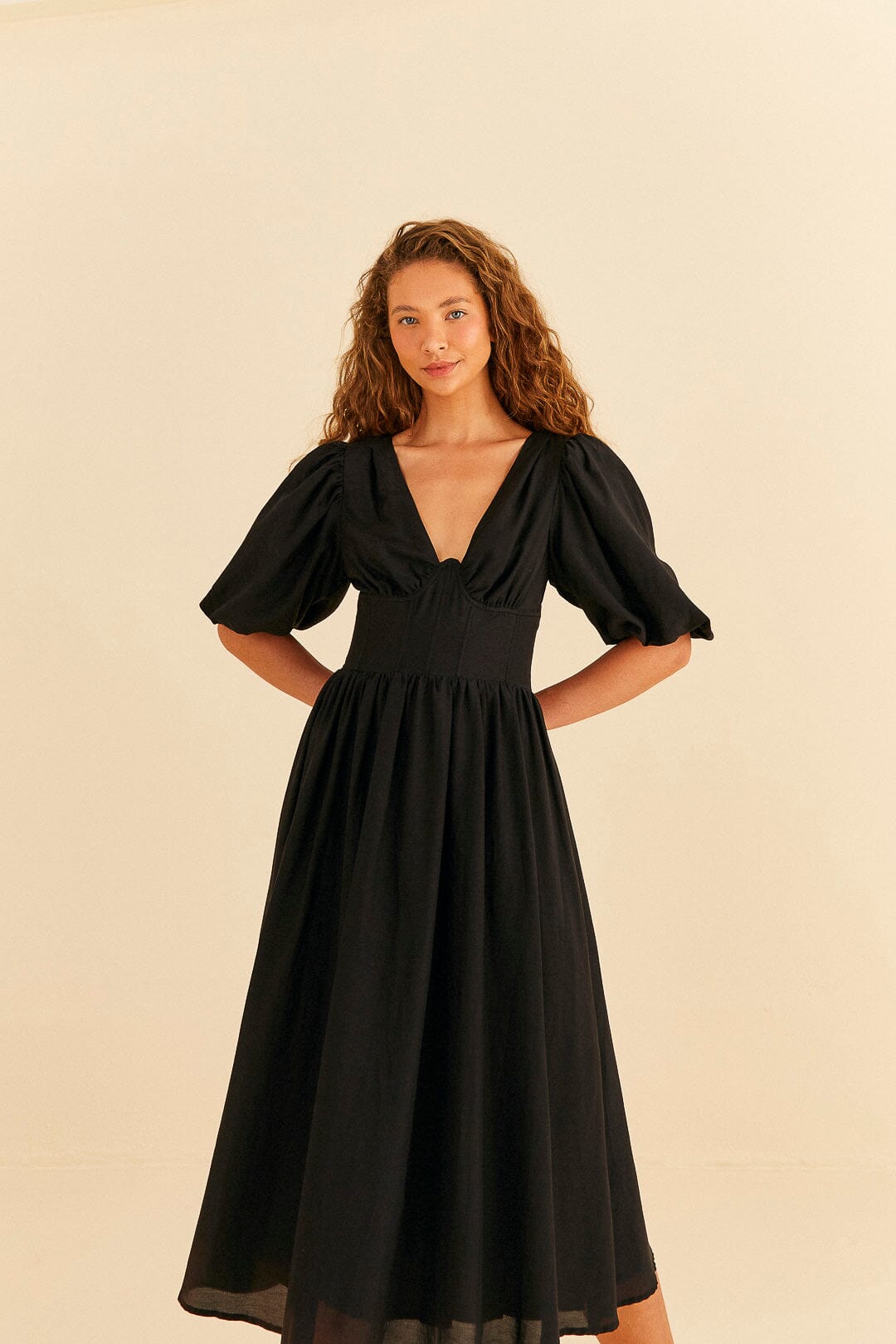 Farm Rio Black Short Sleeves Midi Dress