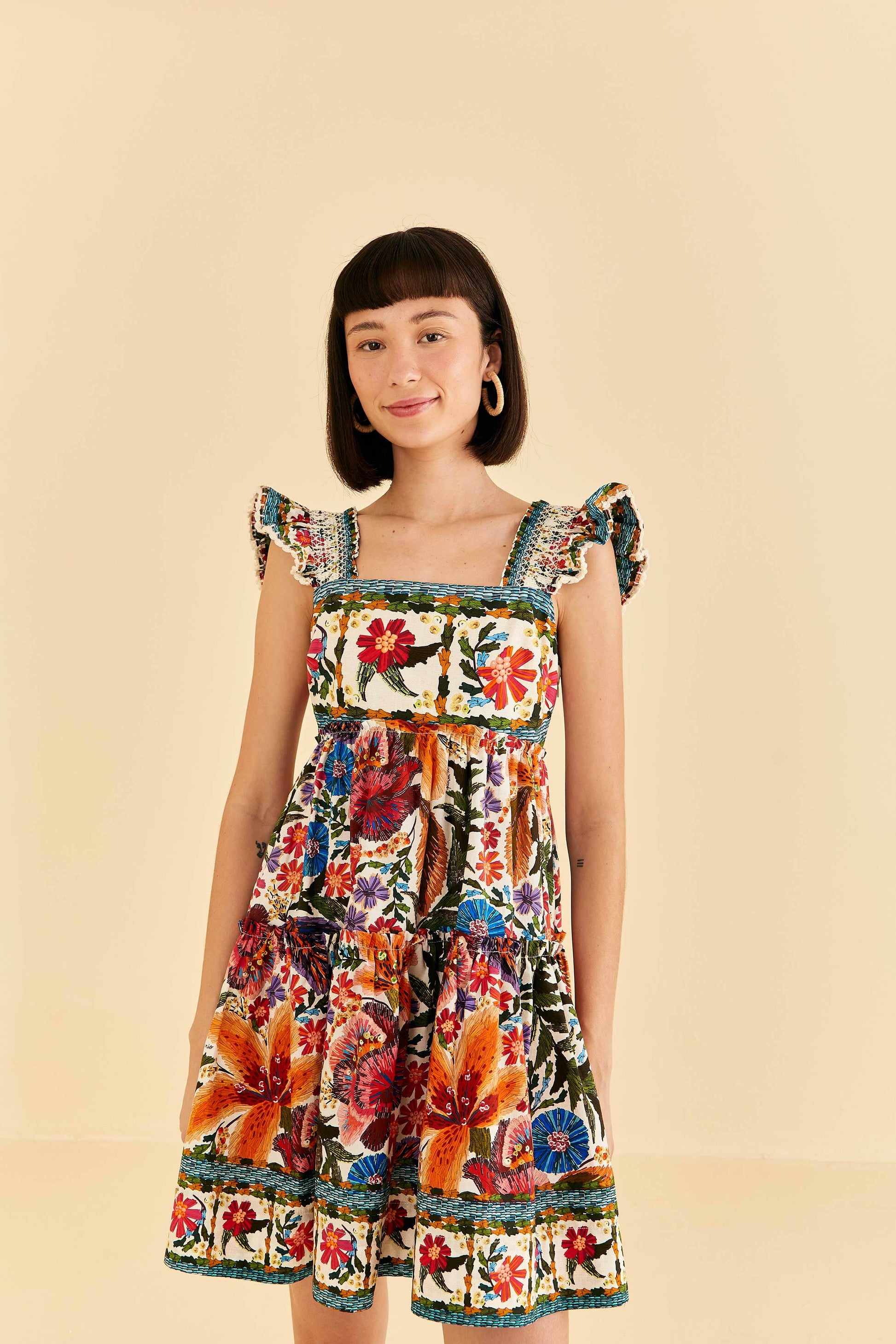 Farm Rio Off-White Tropical Yard Sleeveless Mini Dress