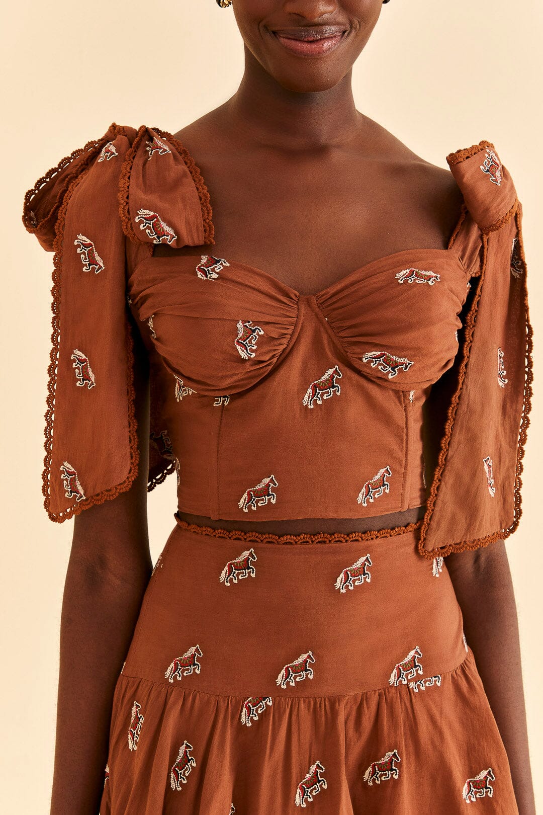 Farm Rio Caramel Embroidered Horses Crop Top