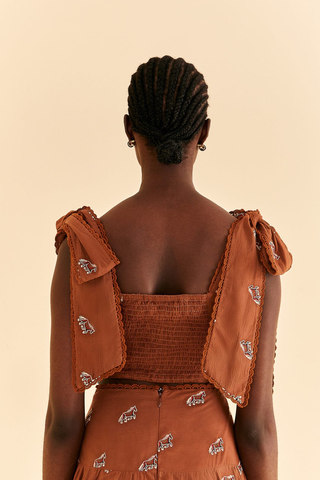 Farm Rio Caramel Embroidered Horses Crop Top