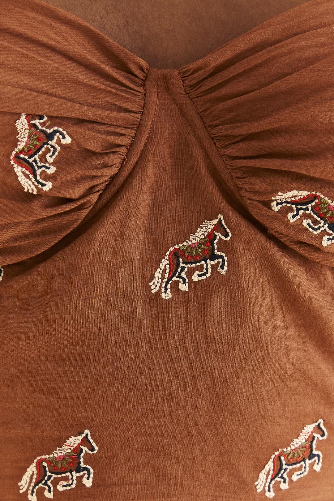 Farm Rio Caramel Embroidered Horses Crop Top