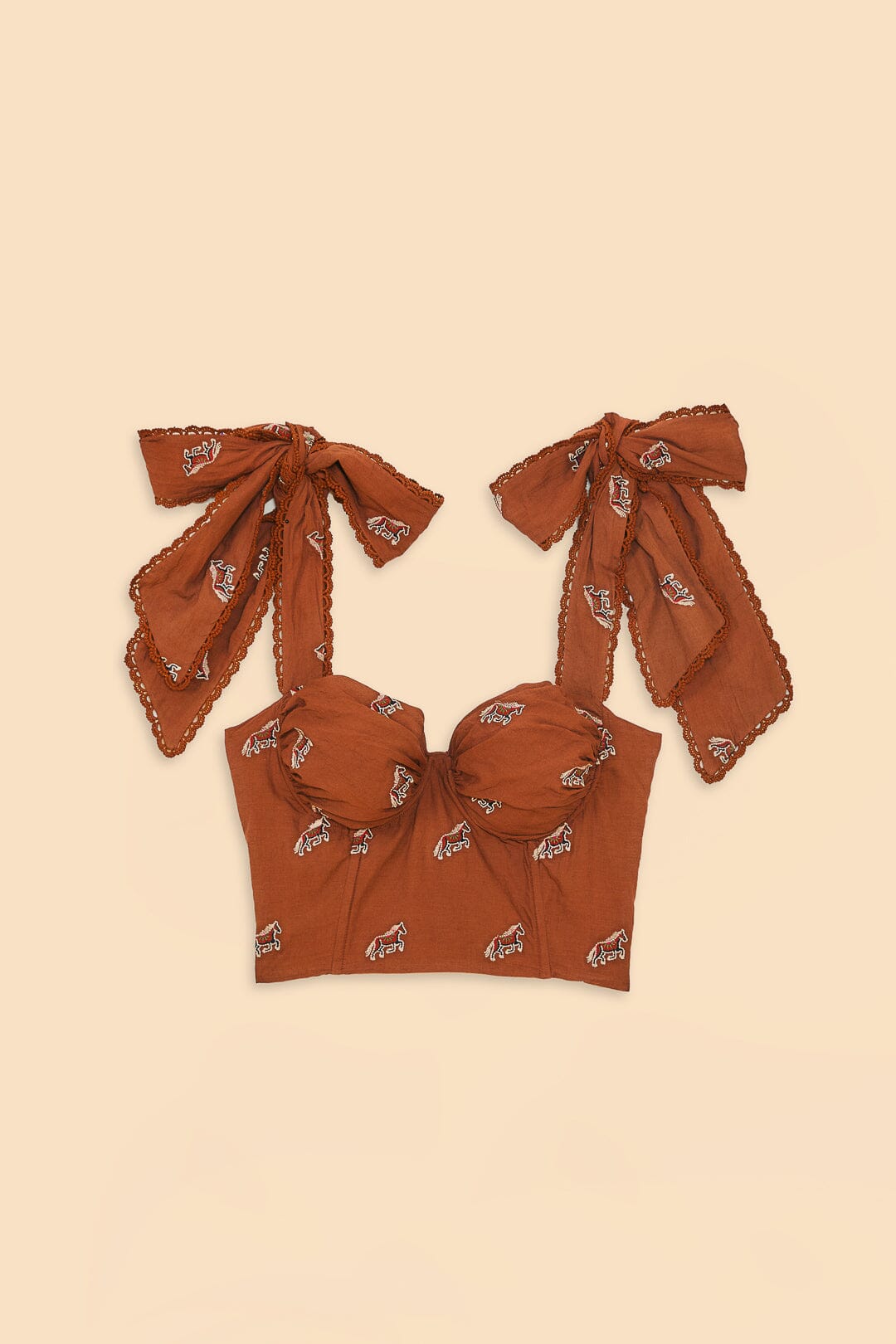 Farm Rio Caramel Embroidered Horses Crop Top