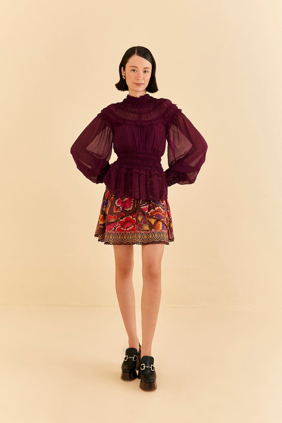 Farm Rio Burgundy Ruffle High Neck Blouse