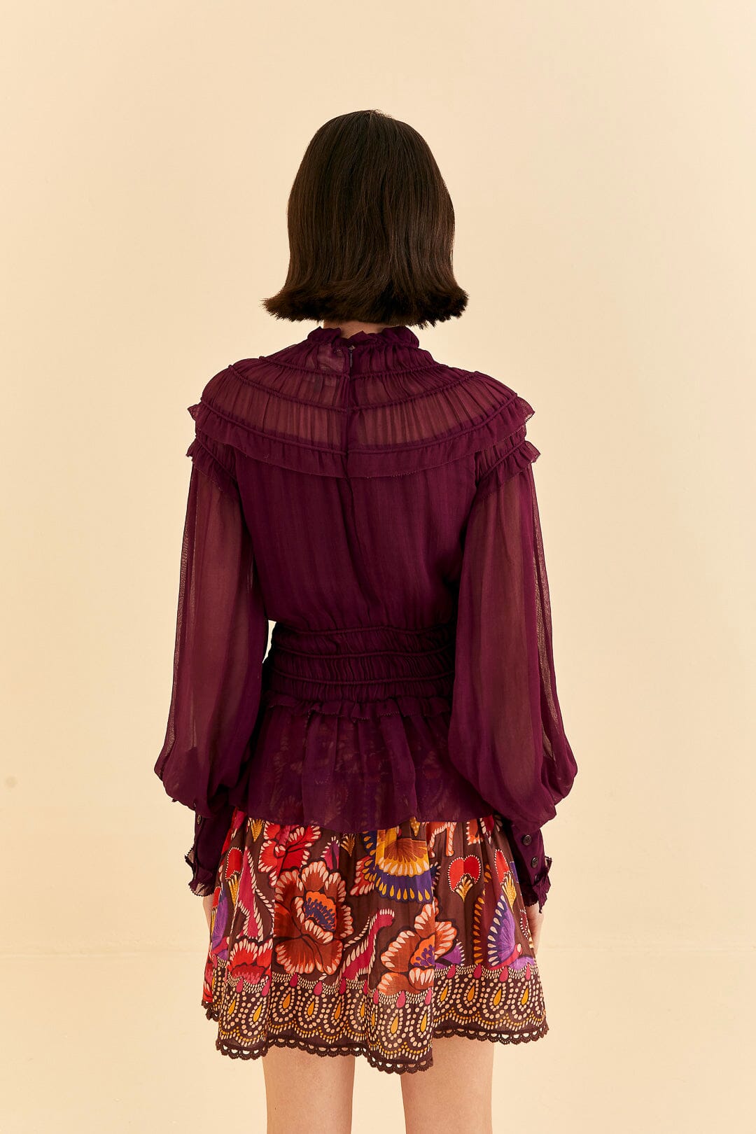 Farm Rio Burgundy Ruffle High Neck Blouse