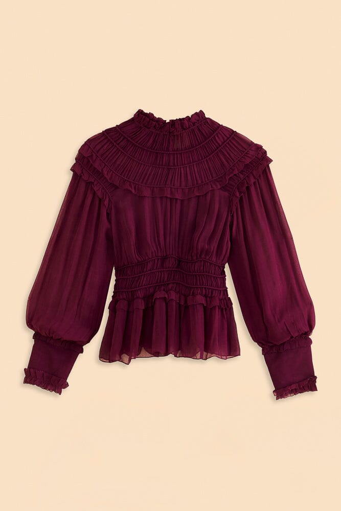Farm Rio Burgundy Ruffle High Neck Blouse