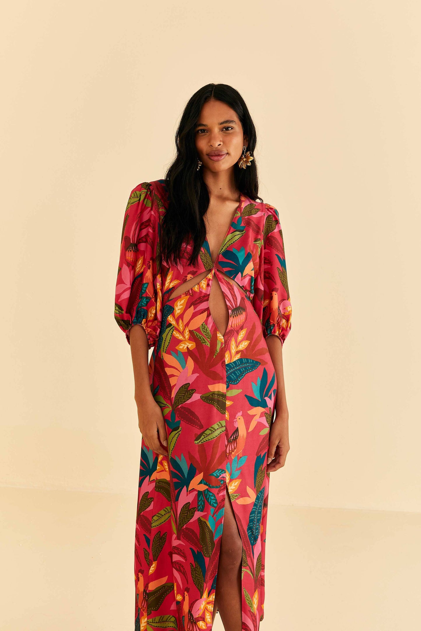 Farm Rio Red Rooster Leaves Short Sleeve Maxi Dress