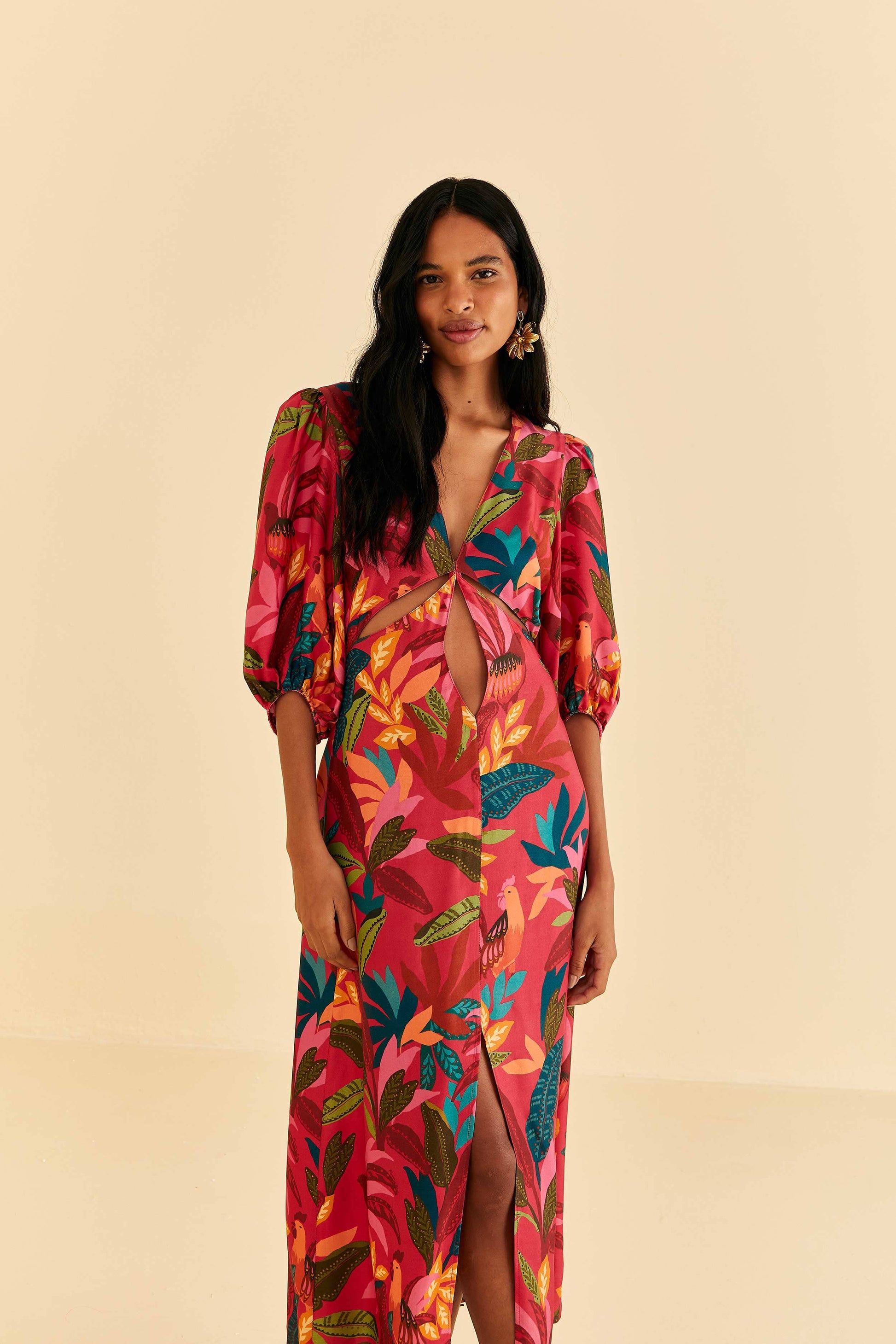 Farm Rio Red Rooster Leaves Short Sleeve Maxi Dress