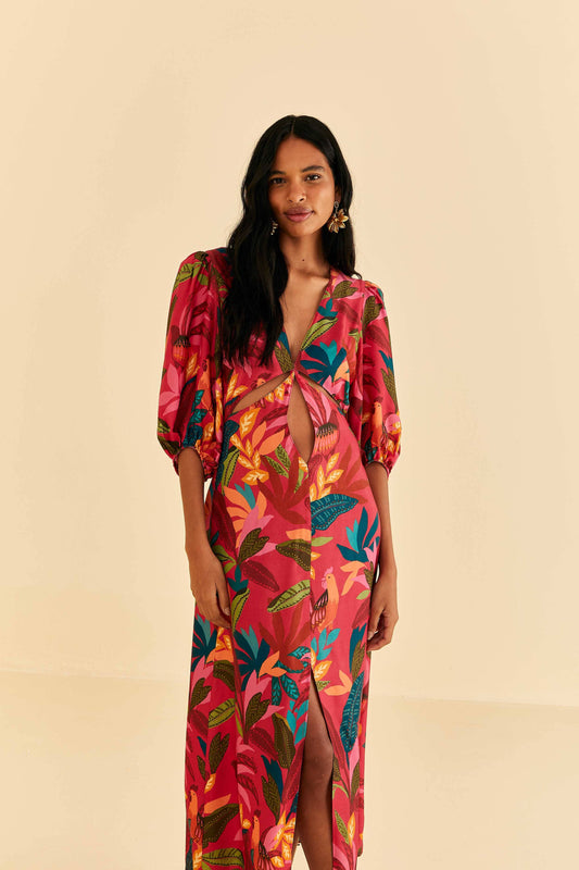 Farm Rio Red Rooster Leaves Short Sleeve Maxi Dress