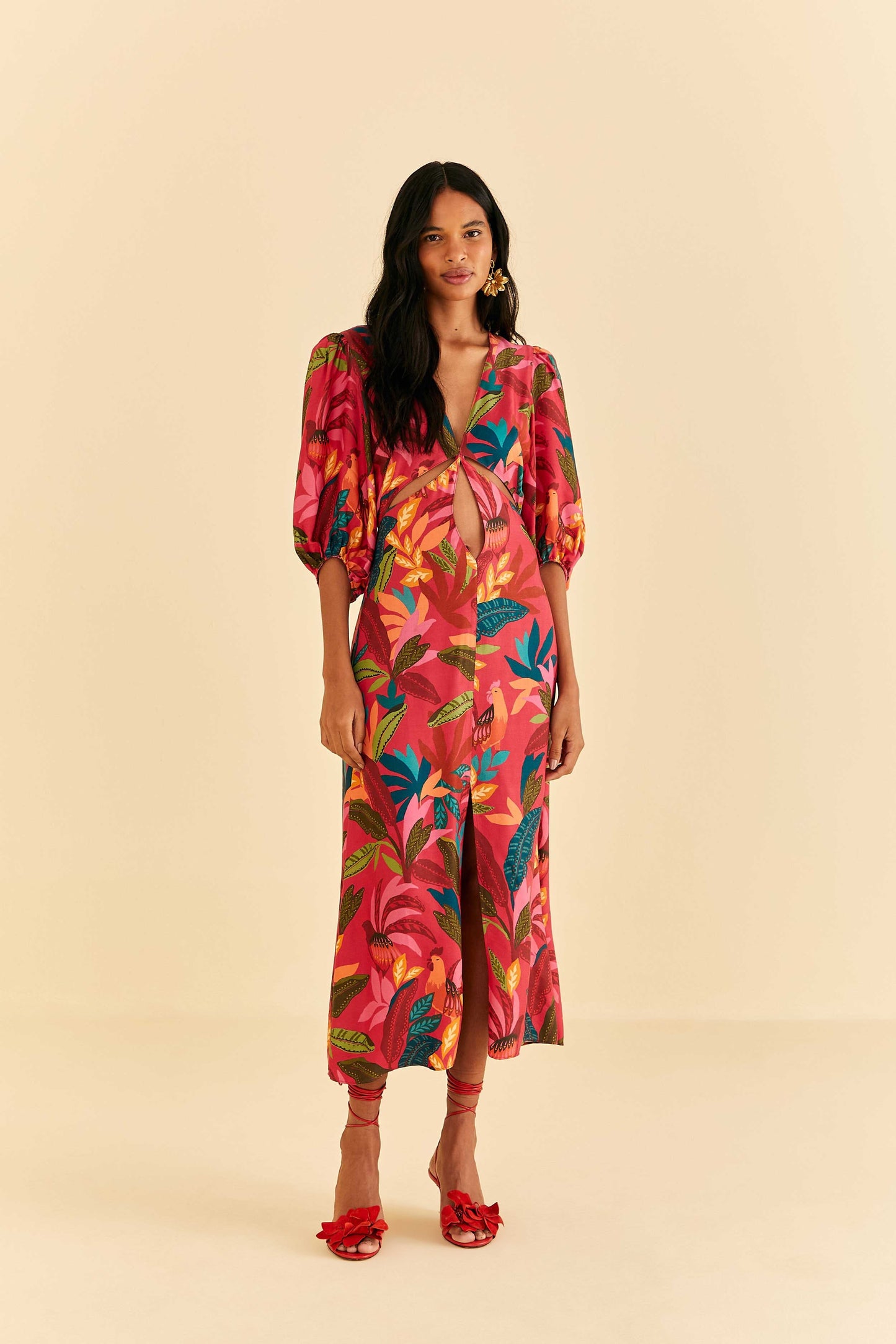Farm Rio Red Rooster Leaves Short Sleeve Maxi Dress