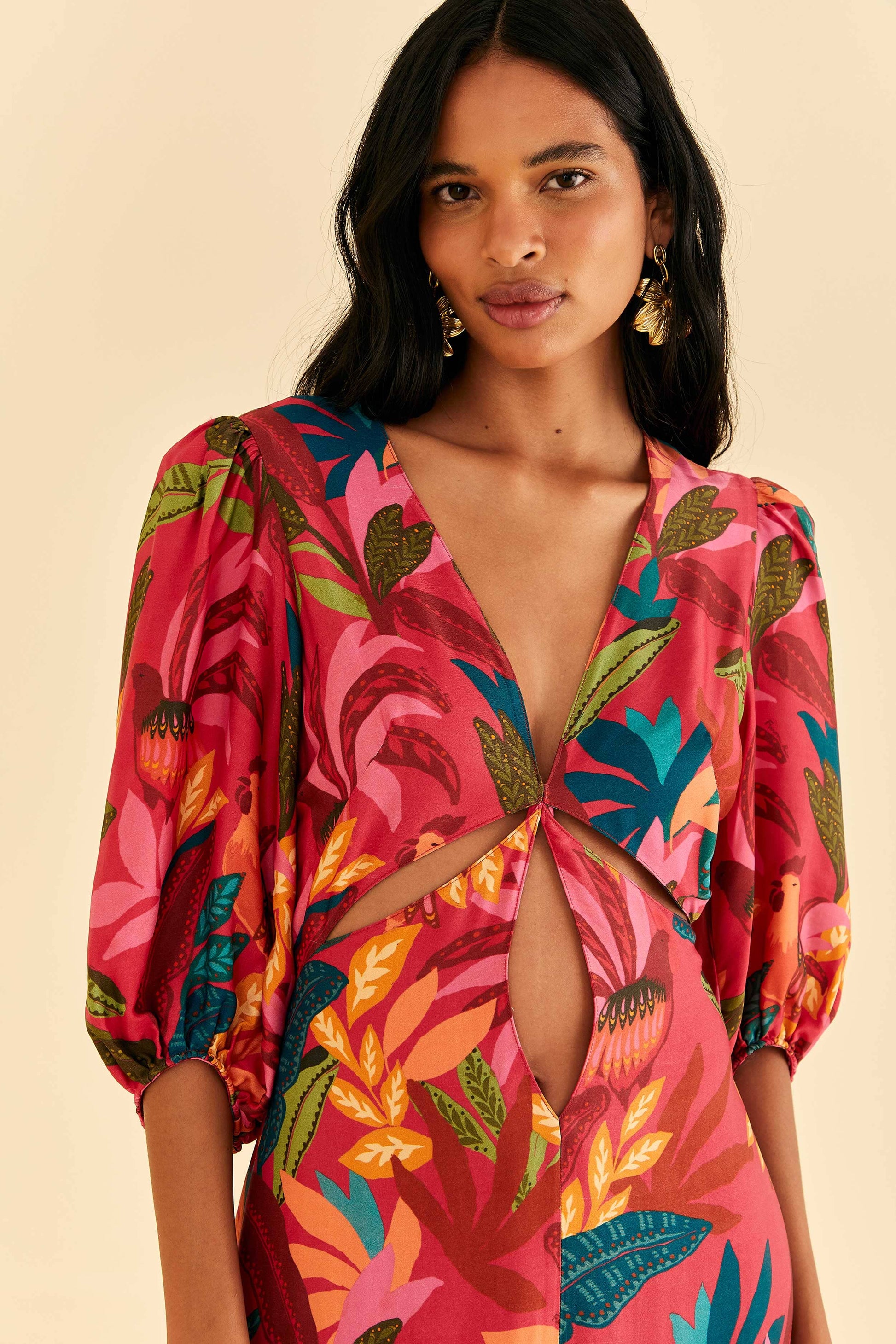 Farm Rio Red Rooster Leaves Short Sleeve Maxi Dress