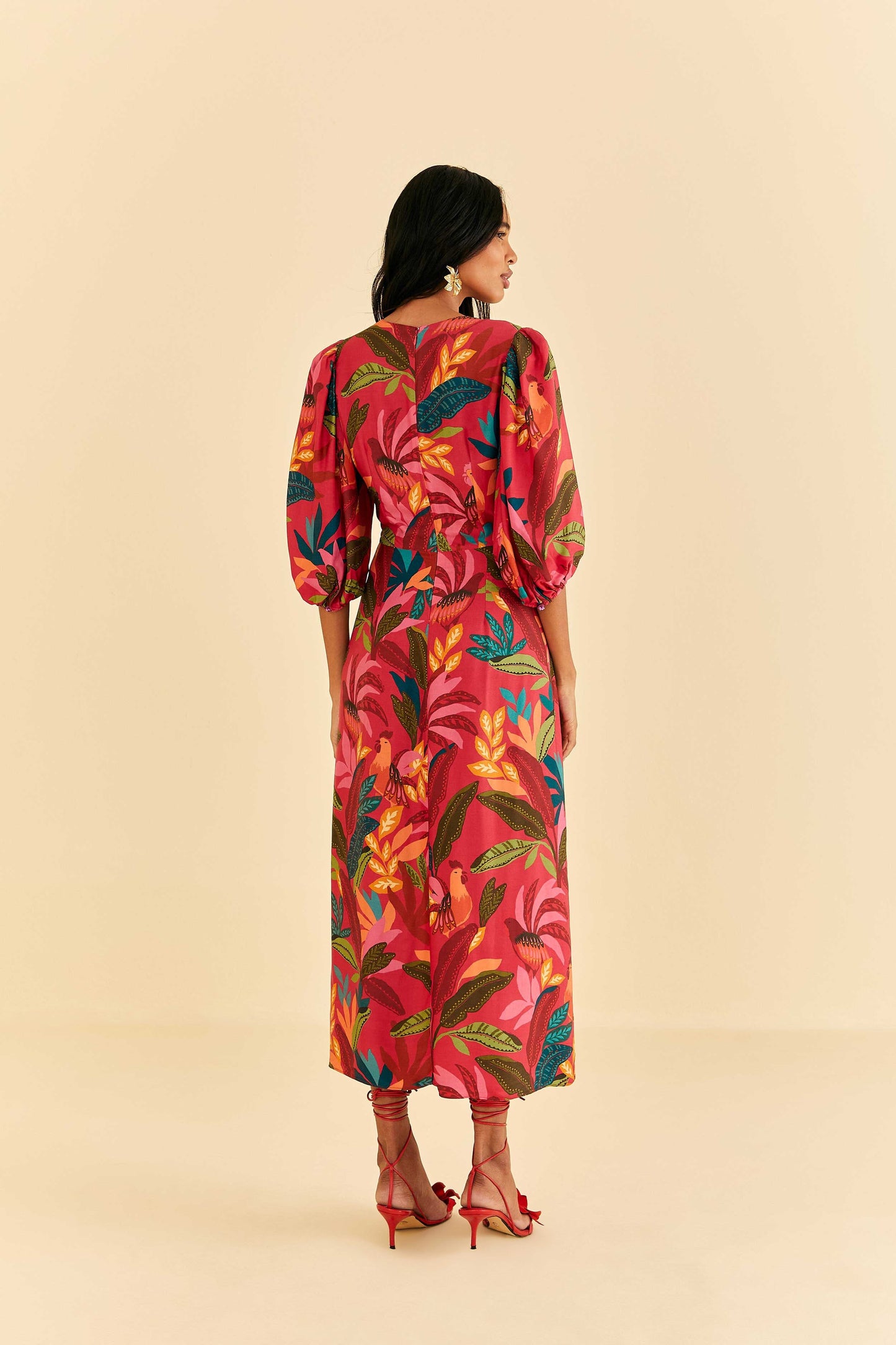 Farm Rio Red Rooster Leaves Short Sleeve Maxi Dress