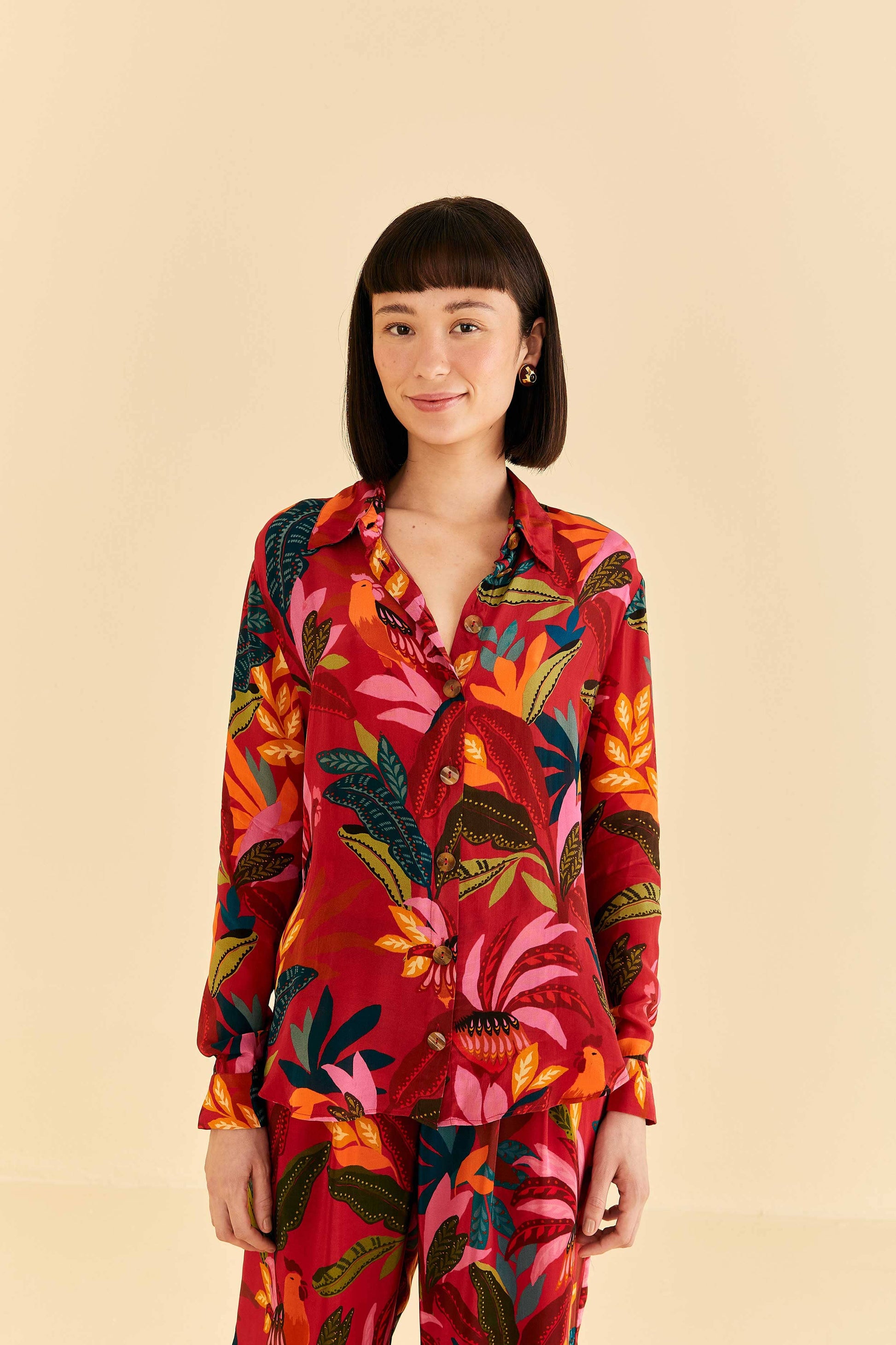 Farm Rio Red Rooster Leaves Long Sleeve Shirt