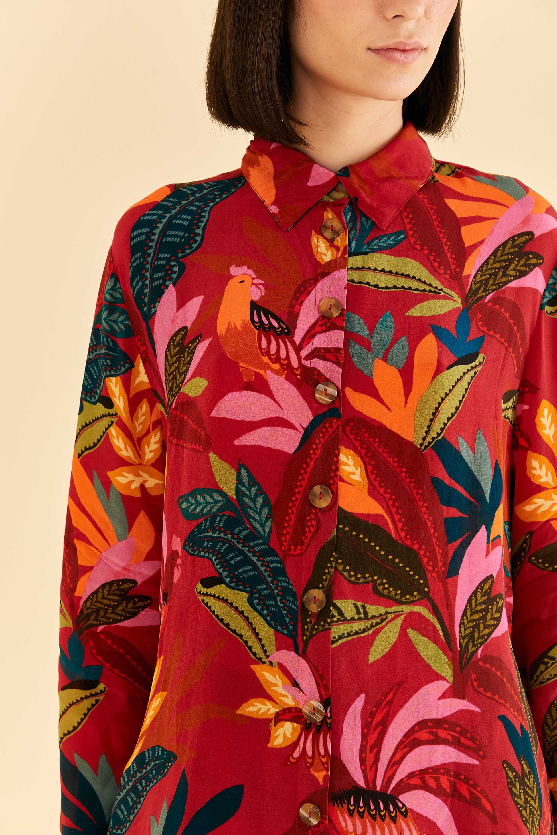 Farm Rio Red Rooster Leaves Long Sleeve Shirt