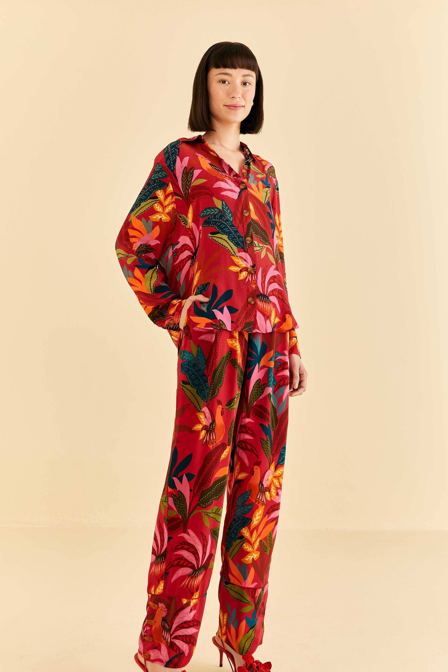 Farm Rio Red Rooster Leaves Pants